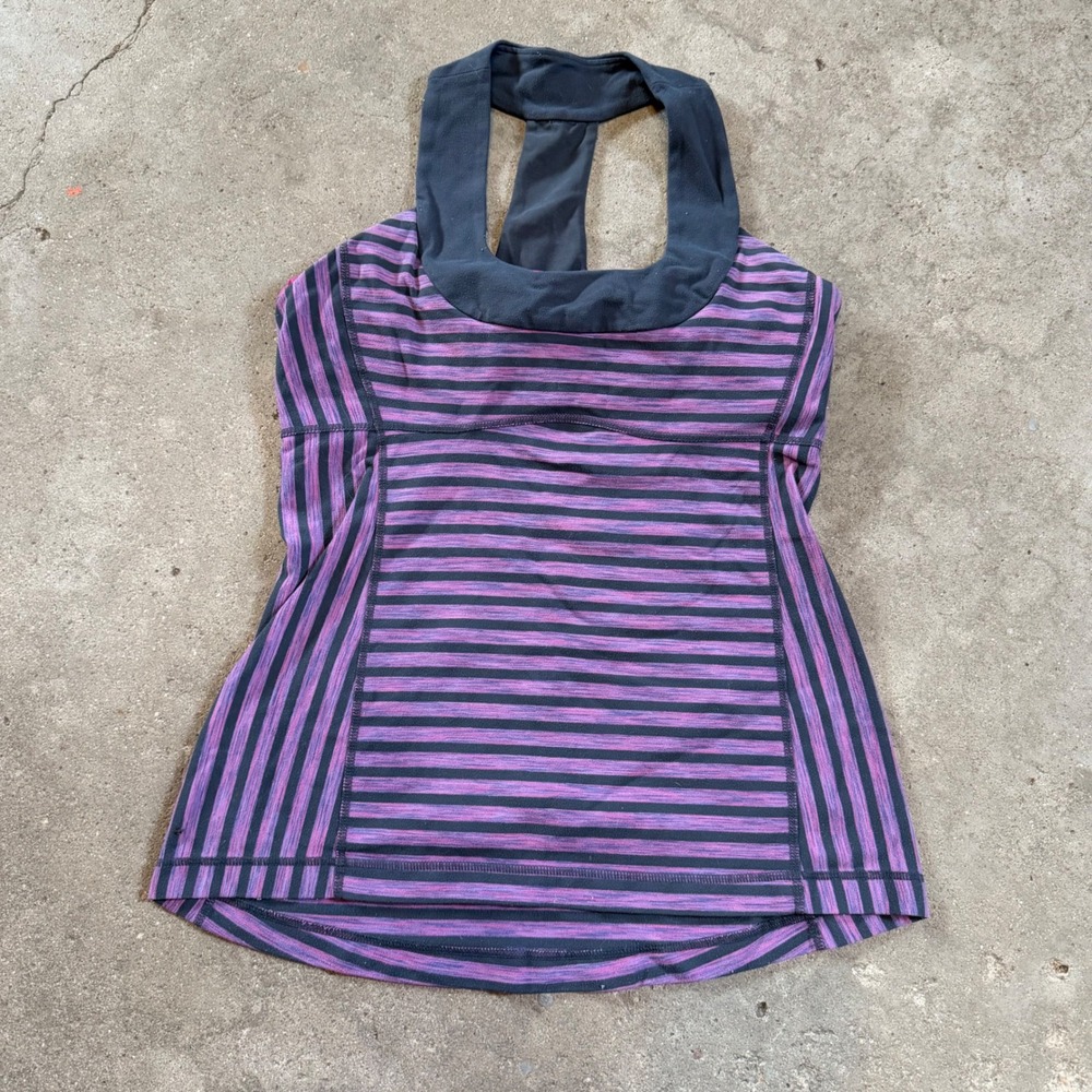 Lululemon Athletica Tank Top Women 6 Purple Black Striped Built-in Bra Racerback